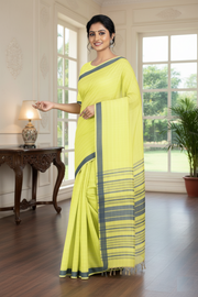 Lime Yellow Lining Saree with Blue Border
