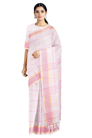 White Saree with Magenta and Yellow Checks and Border