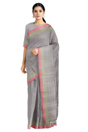 Grey Saree with White Checks and Green and Red Border