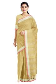 Flax Yellow Saree with Maroon Checks and White and Red Border