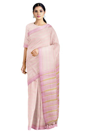 Peach and Pink Striped Saree with Beige and Purple Border