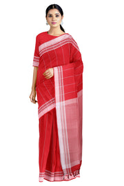 Crimson Red Saree and White Striped with White Border