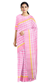 Pink, White Check Saree with Yellow, Pink Border