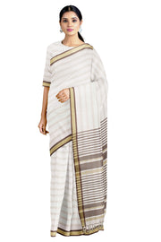 White Saree with Beige and Brown Linings and Border