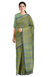 Green Saree with Blue Checks and Border