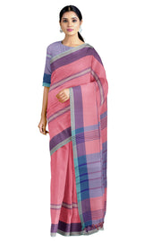 Pink Saree with Light and Dark Blue Border