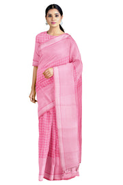 Pink Saree with White Checks and Striped Border