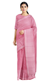 Pink Saree with White Checks and Striped Border