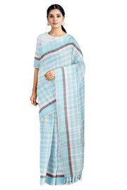 White, Sky Blue Check Saree with Gray, Sky Blue Border