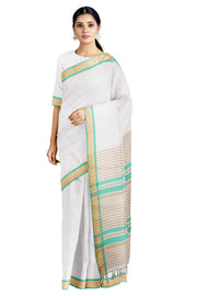 White Saree with Beige and Green Linings and Border
