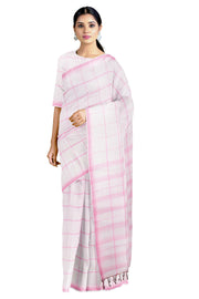 White Saree with Pink Checks and Border