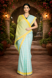 Blue Saree with Orange and Yellow Border and Checks