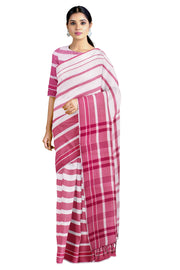 White and Magenta Striped Saree with Same Border