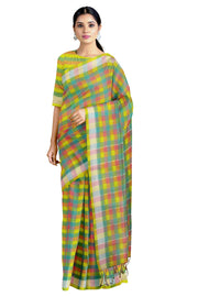 Green, Magenta and Blue Check Saree with White Border