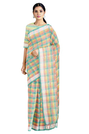 Red, Green and Yellow Check Saree with Green and White Border
