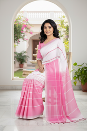 Magenta and White Striped Saree with Same Border