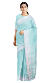 Sea Green Saree with White Striped and White Border