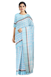 White, sky Blue Check Saree with Black, White and Sky Blue Border