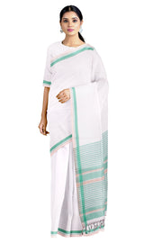 White Saree with Green and Peach Border