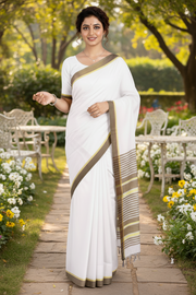 White Saree with Brown and Lemon Chiffon Border
