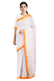 White Saree with Yellow and Orange Linings and Border