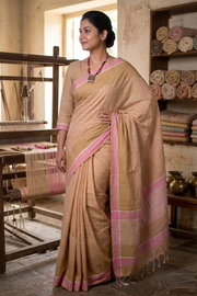 Beige and White Lining Saree with Pink Border