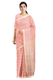 Peach Saree with White, Yellow Check and White, Yellow Border
