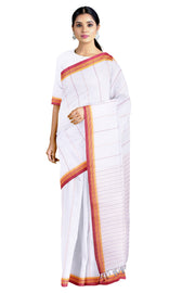 White Saree with Magenta and Yellow Linings and Border