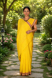 Yellow Saree with White, Brown and Red Border and Linings