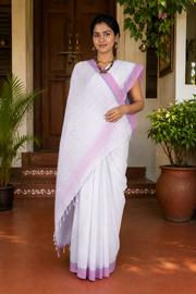 White Saree with Pink and Blue Border and Linings