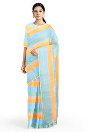 Lemon Yellow, Sky Blue and Sea Green Multi Saree with White Border