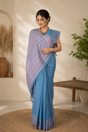 Blue Saree with Green and Pink Border