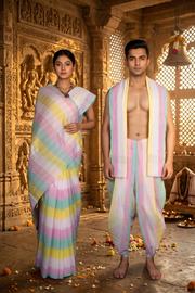 Pink, White, Yellow and Cyan Striped Couple Set