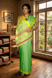 Green Saree with Yellow Border and Multi Colour Butis