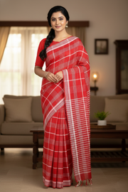 Red Saree with White Striped and White Border