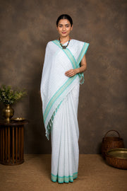 White Saree with Beige and Green Border and Checks