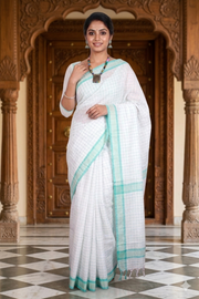 White Saree with Beige and Green Border and Checks