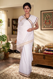 White Saree with Beige and Brown Border and Checks