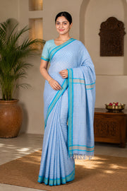 Light Blue Saree with Sky Blue and Beige Border and Checks