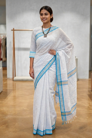 White Saree with Beige and Blue Border and Checks