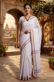 White Saree with Beige and Purple Border and Checks