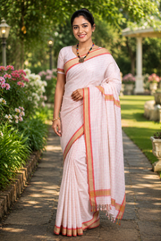 Light Pink Saree with Red and Yellow Border and Checks