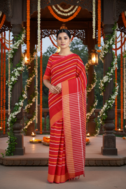 Red Saree with Yellow, White Striped and Yellow Striped Border