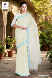 White and Yellow Check Saree with Sea Green Border