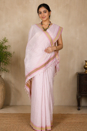 White Saree with Brown, Beige and Pink Checks and Border