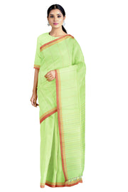 Green Saree with White, Orange and Red Linings and Border