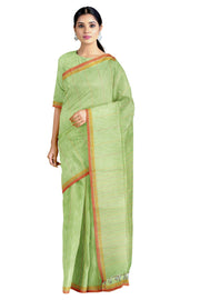 Green and White Space Dyed Saree with Orange and Red Linings and Border
