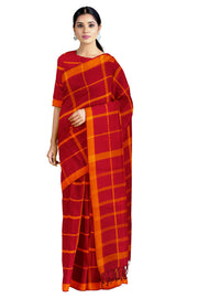 Red Saree with Orange Checks and Border