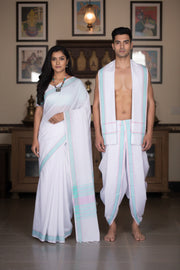 White Couple Set with Cyan and Pink Linings and Border
