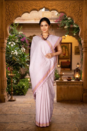White Saree with Beige and Purple Checks and Border
